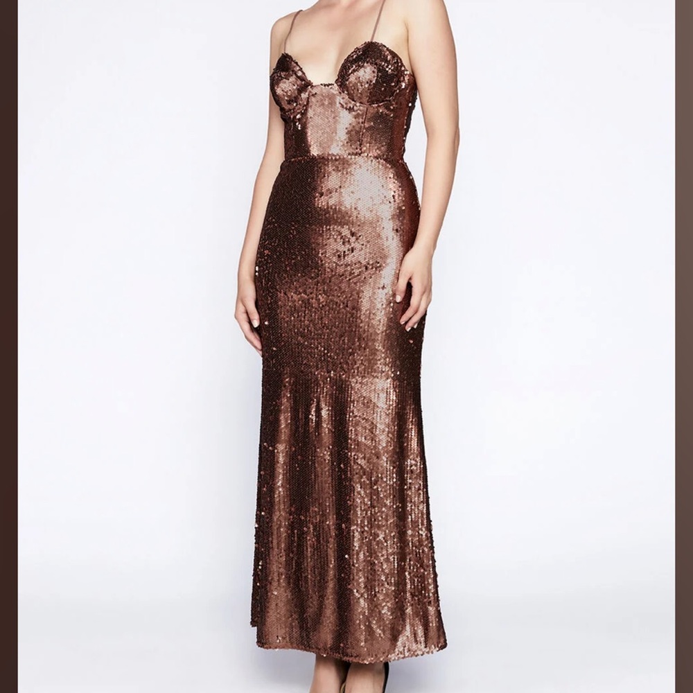 Stasia Sequin Midi Dress in Bronze Bardot